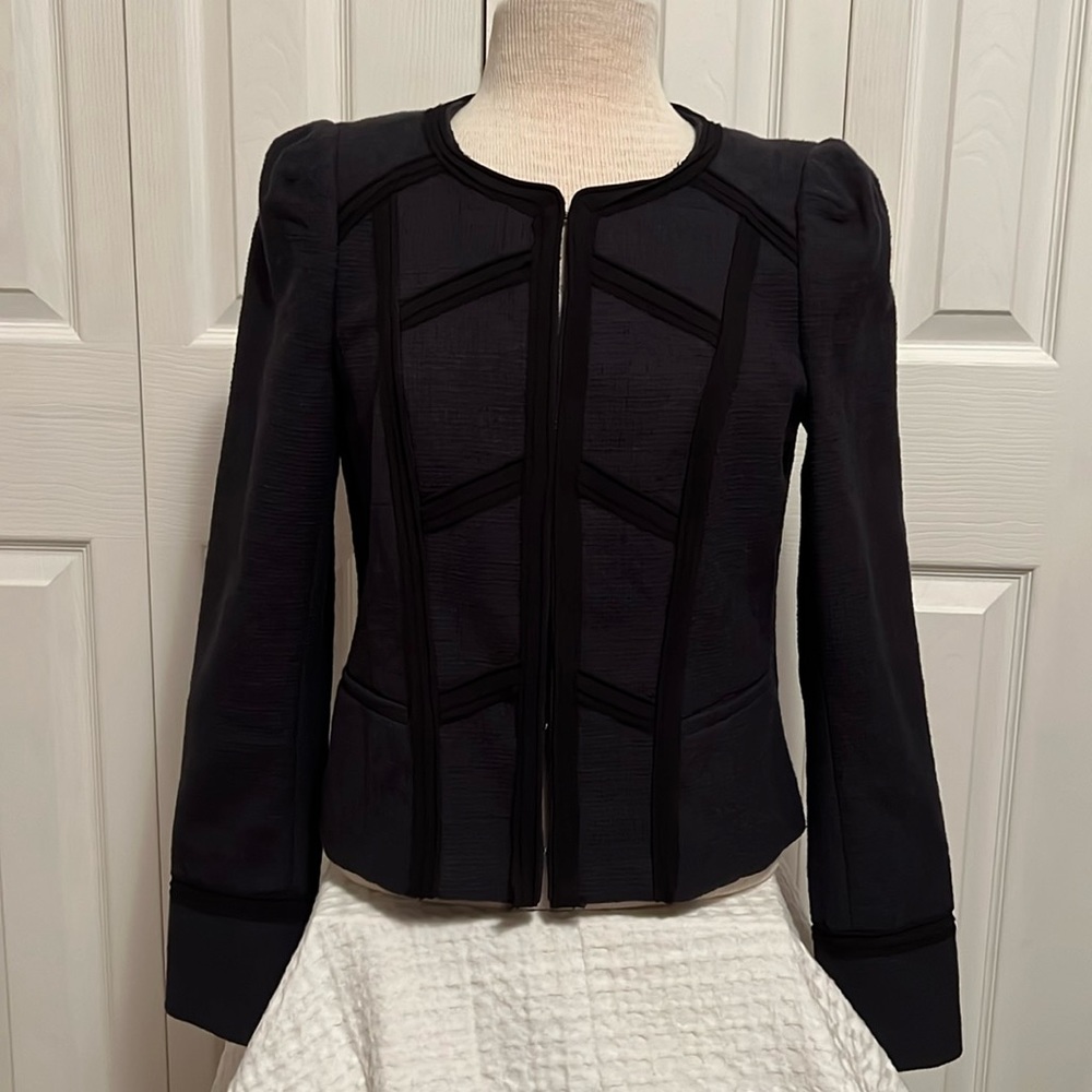White House Black Market Navy Collarless Napoleon Military Grid Jacket Size 4